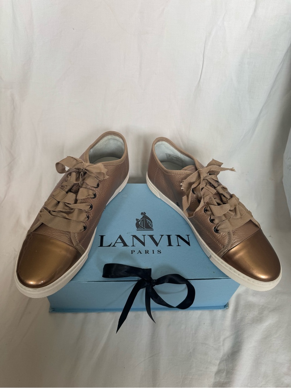Lanvin Metallic Leather Patent Cap-Toe Ribbon Sneakers Rose Clair Size 39 NWT